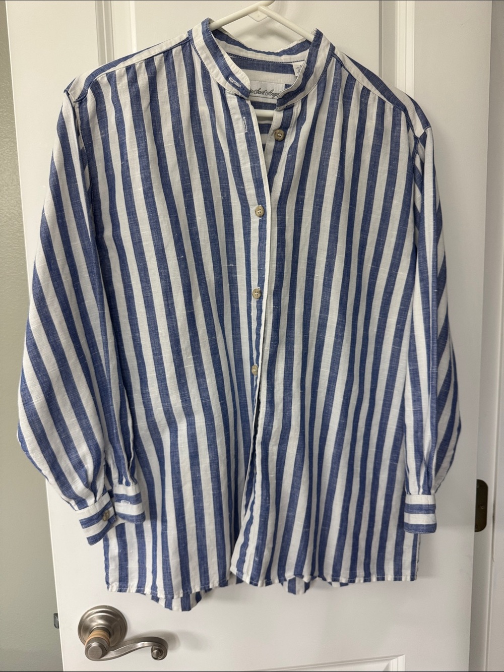 Boutique Women’s Blue and White Striped Button-Down Mandarin Collar Shirt